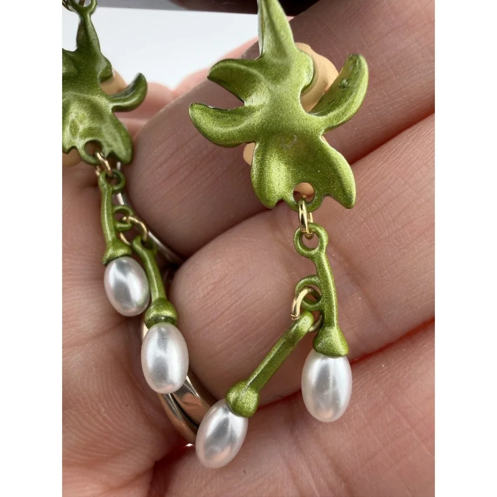 Vintage Floral Drop Earrings Green Peach Excellent Enamel Faux Pearl Dangle